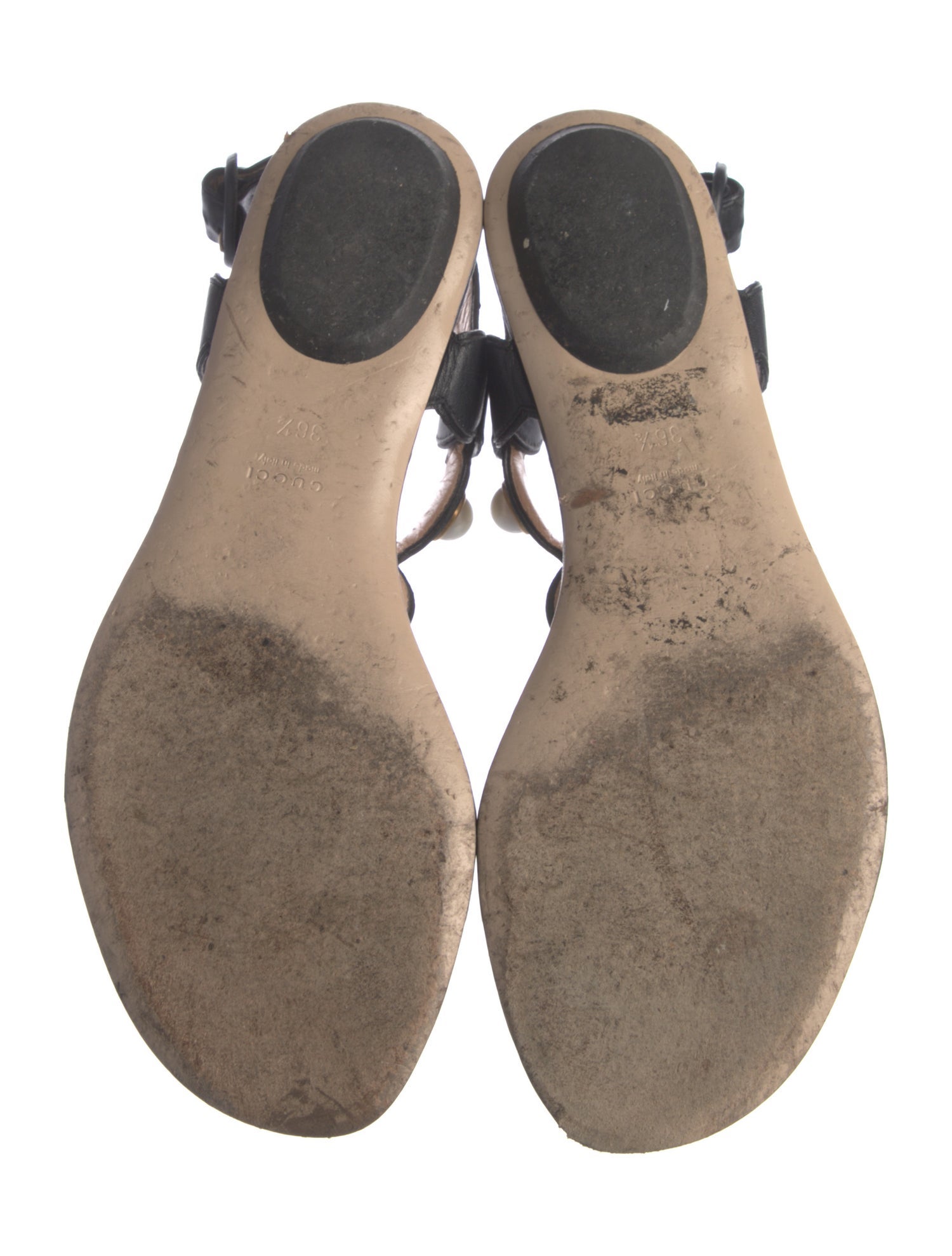 Gucci Faux Pearl Accents Leather T-Strap Sandals